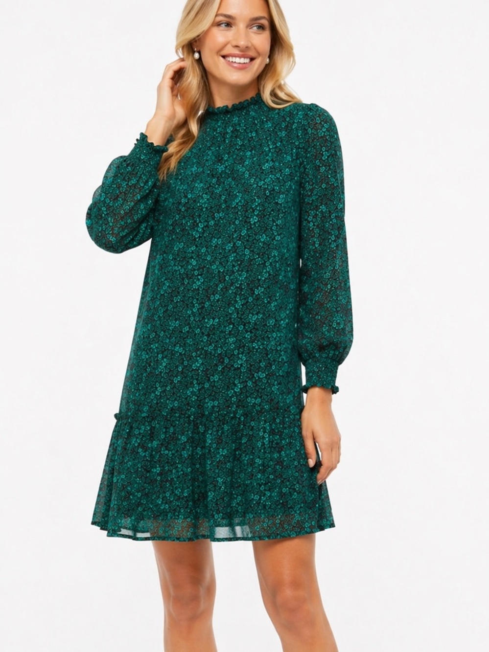 J. CREW Green & Black Floral Long Sleeve Knee Length Dress